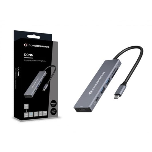 Hub USB-C Conceptronic DONN23G 4K Ultra HD Gris 2x USB-A HDMI Lector SD/TF 100W Power Delivery