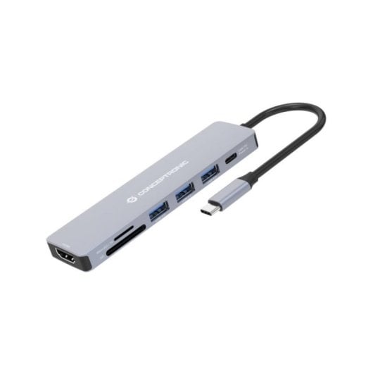 Hub USB Conceptronic DONN19G Gris USB-C 3 puertos USB-A 1 HDMI 4K Lector SD 100W PD
