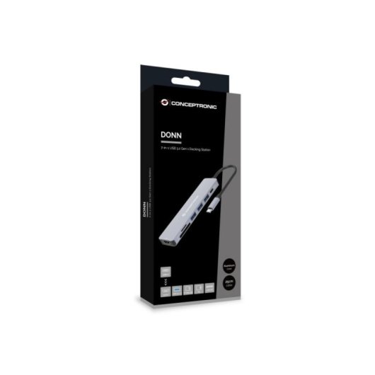 Hub USB Conceptronic DONN19G Gris USB-C 3 puertos USB-A 1 HDMI 4K Lector SD 100W PD