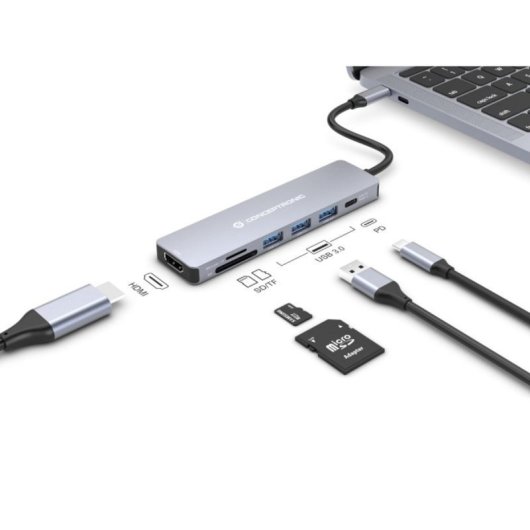 Hub USB Conceptronic DONN19G Gris USB-C 3 puertos USB-A 1 HDMI 4K Lector SD 100W PD