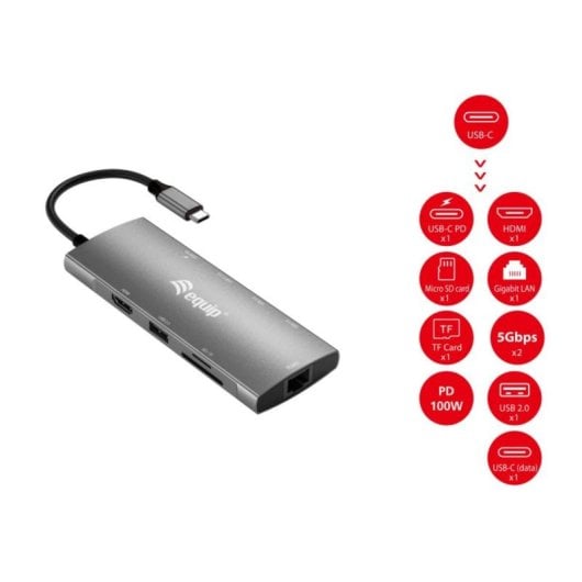 Adaptador USB-C Equip 133695 9-en-1 HDMI 4K/60Hz 100W PD Ethernet Aluminio Gris