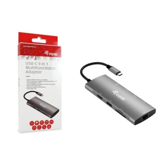 Adaptador USB-C Equip 133695 9-en-1 HDMI 4K/60Hz 100W PD Ethernet Aluminio Gris