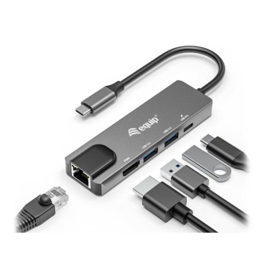 Adaptador USB-C Equip 133489 5 en 1 4K HDMI 2xUSB-A Ethernet Gigabit PD100W Aluminio Gris