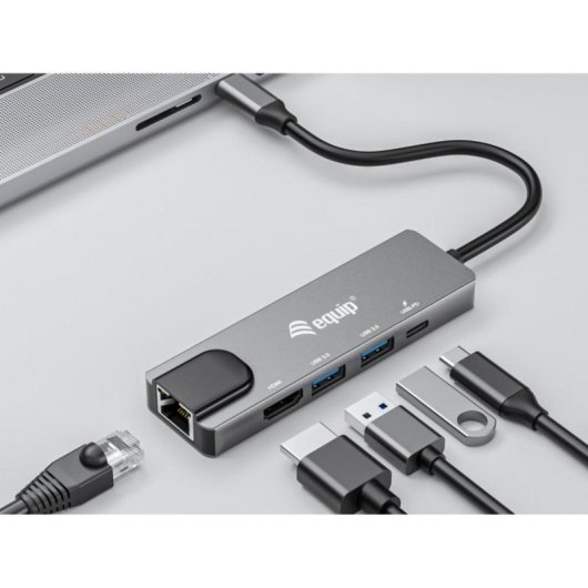 Adaptador USB-C Equip 133489 5 en 1 4K HDMI 2xUSB-A Ethernet Gigabit PD100W Aluminio Gris