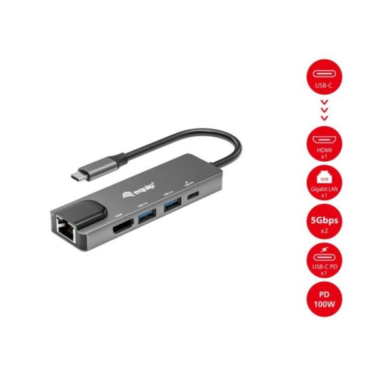 Adaptador USB-C Equip 133489 5 en 1 4K HDMI 2xUSB-A Ethernet Gigabit PD100W Aluminio Gris
