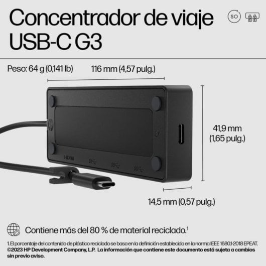 Concentrador HP USB-C G3 65W 5 Puertos HDMI USB 3.2 Gen 2 Compacto