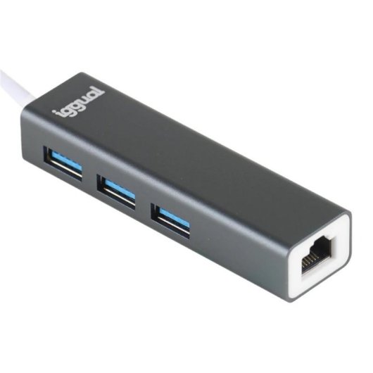 Adaptador USB iggual IGG319260 Aluminio 3x USB 3.2 Gen 1 Type-A Gigabit Ethernet Negro