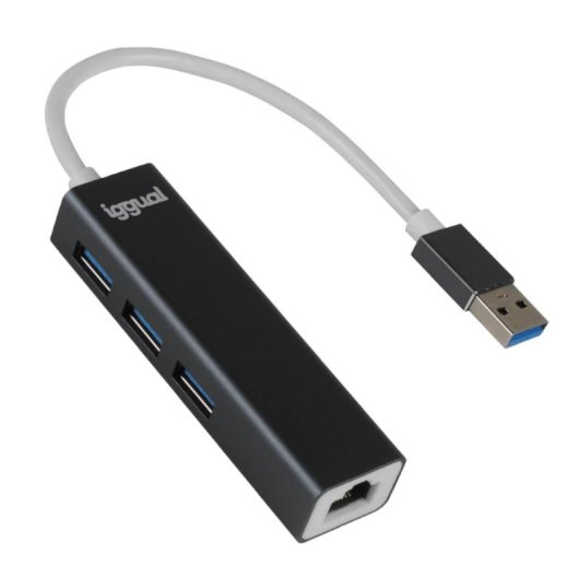 Adaptador USB iggual IGG319260 Aluminio 3x USB 3.2 Gen 1 Type-A Gigabit Ethernet Negro