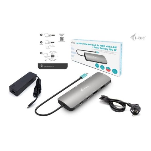 Docking Station USB-C i-tec Metal Nano 2x Display HDMI 100W PD + Cargador 100W Gris
