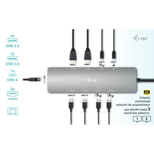 Docking Station USB-C i-tec Metal Nano 2x Display HDMI 100W PD + Cargador 100W Gris