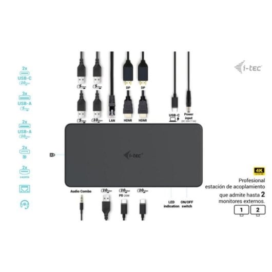 I-Tec Dual 4K Docking Station Base de Conexão USB 3.0/USB-C/Thunderbolt 3 Dual 4K 100W 2xDP 2xHDMI PD Gen2