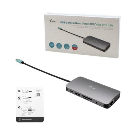 Docking Station USB-C i-tec Metal Nano HDMI/VGA LAN y Cargador 112W Plata Universal