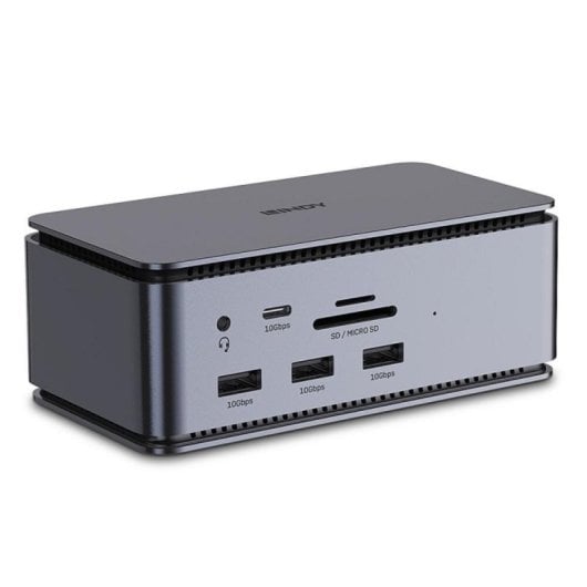 Lindy 43372 Docking Station USB4 com HDMI 2.1, DP1.4, LAN, PowerShare 100W e Leitor SD Alumínio