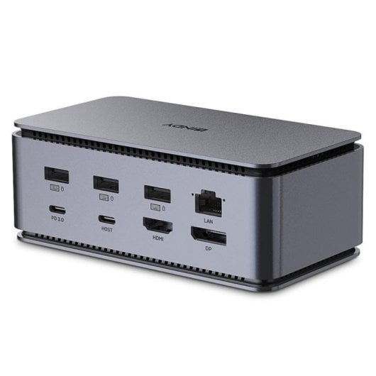 Lindy 43372 Docking Station USB4 com HDMI 2.1, DP1.4, LAN, PowerShare 100W e Leitor SD Alumínio