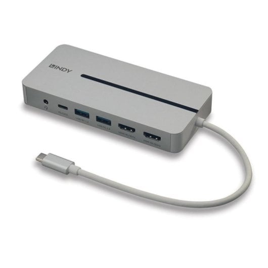 Lindy 43360 Dock USB-C com 2x HDMI, 2x USB-A, 1x USB-C, 3.5mm e RJ-45 Prateado/Branco