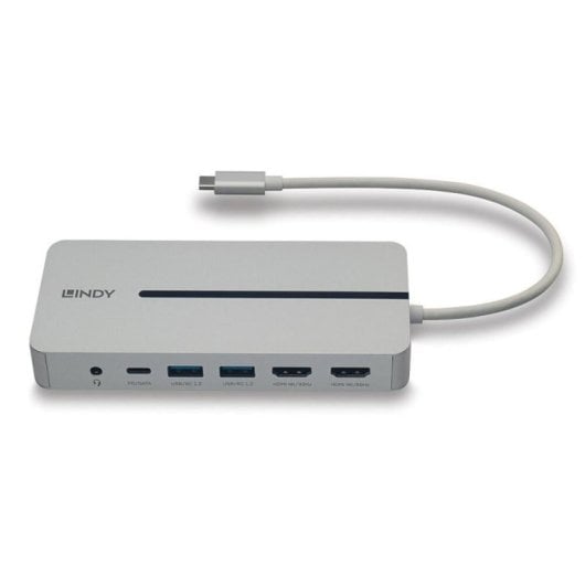 Lindy 43360 Dock USB-C com 2x HDMI, 2x USB-A, 1x USB-C, 3.5mm e RJ-45 Prateado/Branco