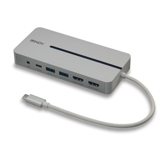 Lindy 43360 Dock USB-C com 2x HDMI, 2x USB-A, 1x USB-C, 3.5mm e RJ-45 Prateado/Branco