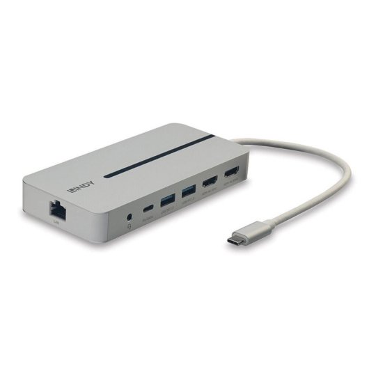 Lindy 43360 Dock USB-C com 2x HDMI, 2x USB-A, 1x USB-C, 3.5mm e RJ-45 Prateado/Branco
