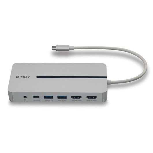Lindy 43360 Dock USB-C com 2x HDMI, 2x USB-A, 1x USB-C, 3.5mm e RJ-45 Prateado/Branco