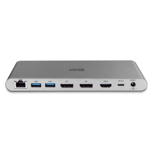 Dock Station Lindy 43349 USB-C 100W HDMI 2xDisplayPort SD MicroSD Ethernet Aluminio Plata