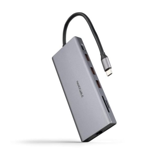 Nanocable 10.16.4612 Hub 2-em-1 USB-C 3.2 com 3xUSB-A, 2xHDMI 4K60Hz, DP, RJ45, Slot SD/TF, Áudio e PD 100W Alumínio Cinzento