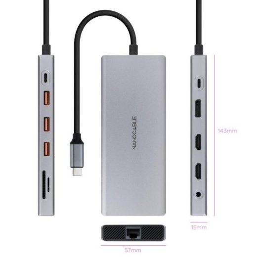 Nanocable 10.16.4612 Hub 2-em-1 USB-C 3.2 com 3xUSB-A, 2xHDMI 4K60Hz, DP, RJ45, Slot SD/TF, Áudio e PD 100W Alumínio Cinzento