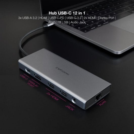 Nanocable 10.16.4612 Hub 2-em-1 USB-C 3.2 com 3xUSB-A, 2xHDMI 4K60Hz, DP, RJ45, Slot SD/TF, Áudio e PD 100W Alumínio Cinzento