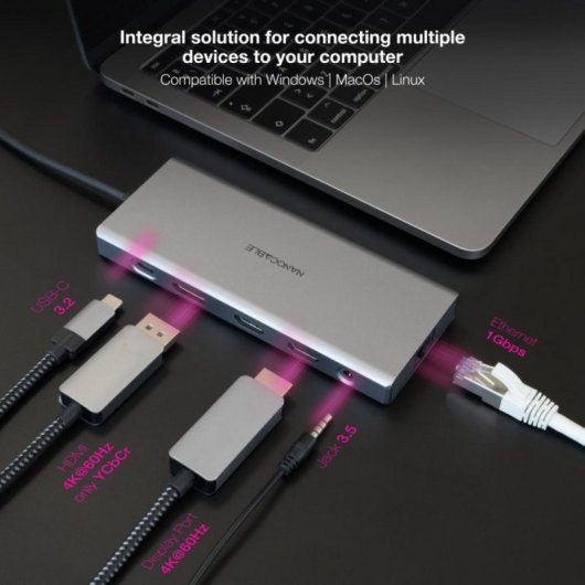 Nanocable 10.16.4612 Hub 2-em-1 USB-C 3.2 com 3xUSB-A, 2xHDMI 4K60Hz, DP, RJ45, Slot SD/TF, Áudio e PD 100W Alumínio Cinzento