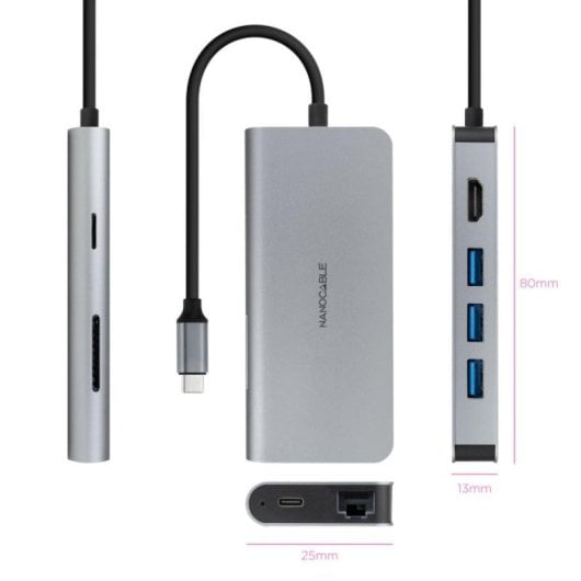 Nanocable 10.16.4609 Hub USB-C 8-em-1 com 3xUSB-A 3.0, HDMI 4K@60Hz, RJ45, Slot SD/TF e PD 100W Alumínio Cinzento