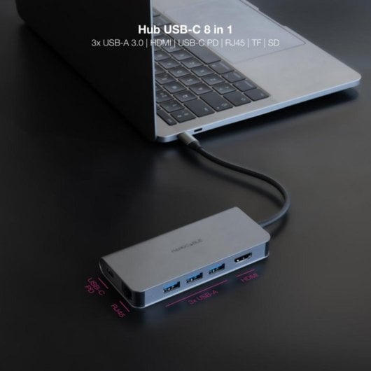 Nanocable 10.16.4609 Hub USB-C 8-em-1 com 3xUSB-A 3.0, HDMI 4K@60Hz, RJ45, Slot SD/TF e PD 100W Alumínio Cinzento