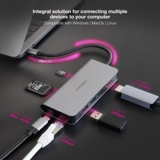 Nanocable 10.16.4609 Hub USB-C 8-em-1 com 3xUSB-A 3.0, HDMI 4K@60Hz, RJ45, Slot SD/TF e PD 100W Alumínio Cinzento