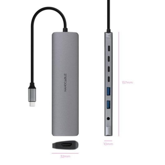 Hub USB-C Nanocable 10.16.4608 8 en 1 2xUSB-A 3.0 3xUSB-C 3.0 HDMI 4K PD100W Jack 3.5mm Aluminio Gris