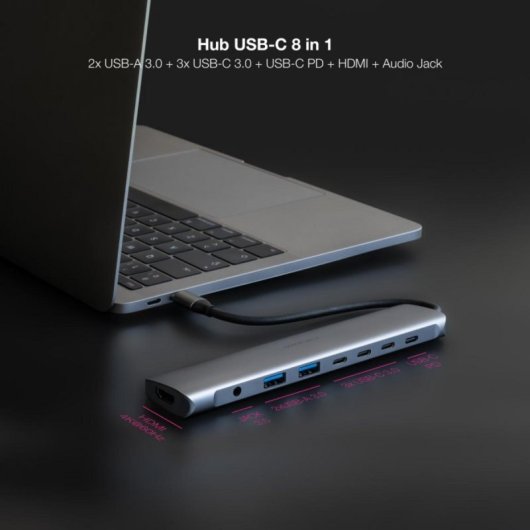 Hub USB-C Nanocable 10.16.4608 8 en 1 2xUSB-A 3.0 3xUSB-C 3.0 HDMI 4K PD100W Jack 3.5mm Aluminio Gris