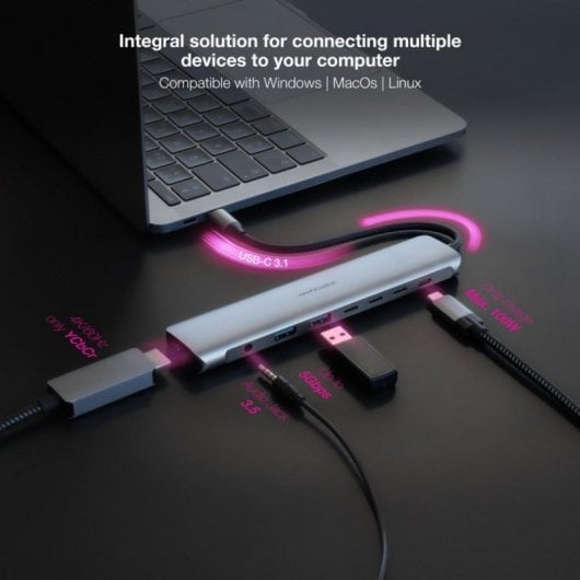 Hub USB-C Nanocable 10.16.4608 8 en 1 2xUSB-A 3.0 3xUSB-C 3.0 HDMI 4K PD100W Jack 3.5mm Aluminio Gris