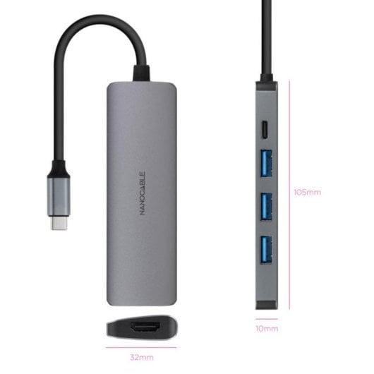 Nanocable 10.16.4605 Hub USB-C com 3xUSB-A 3.0, 1xHDMI 4K, 1xUSB-C e PD 100W Alumínio Cinzento