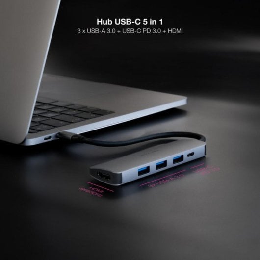 Nanocable 10.16.4605 Hub USB-C com 3xUSB-A 3.0, 1xHDMI 4K, 1xUSB-C e PD 100W Alumínio Cinzento