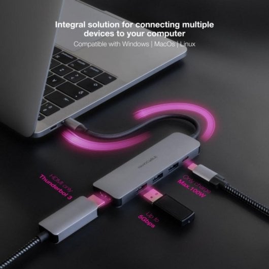 Nanocable 10.16.4605 Hub USB-C com 3xUSB-A 3.0, 1xHDMI 4K, 1xUSB-C e PD 100W Alumínio Cinzento