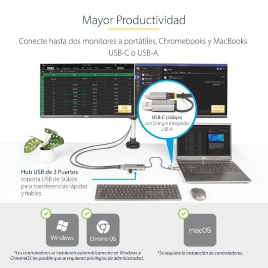 Adaptador Multiporto USB-C StarTech.com HDMI Duplo 4K30Hz 3x USB-A 5 Gbps Prata