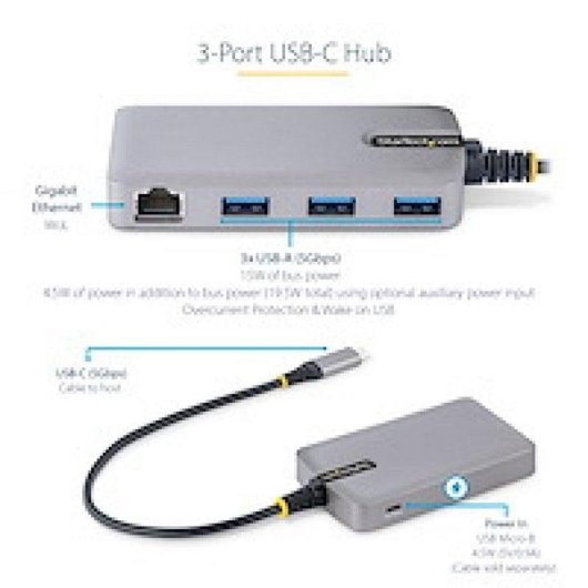 Hub USB-C StarTech VL817 3 USB-A Ports 5Gbps Gigabit Ethernet 30cm Grau