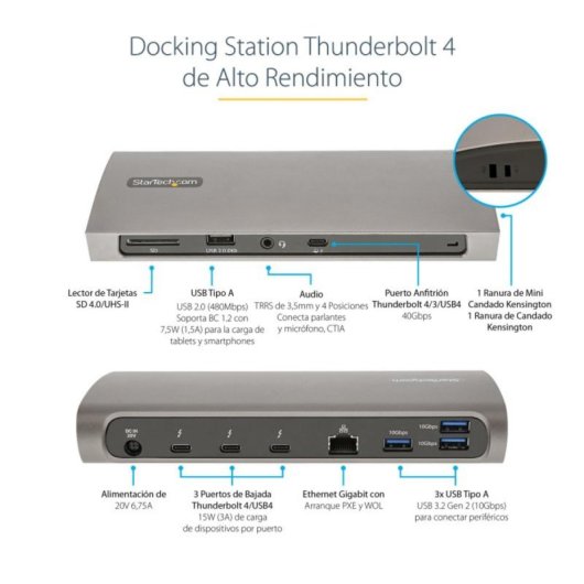 Docking Station StarTech Thunderbolt 4 96W PD 3xTB4/3xUSB-A/SD/Ethernet Negro Gris