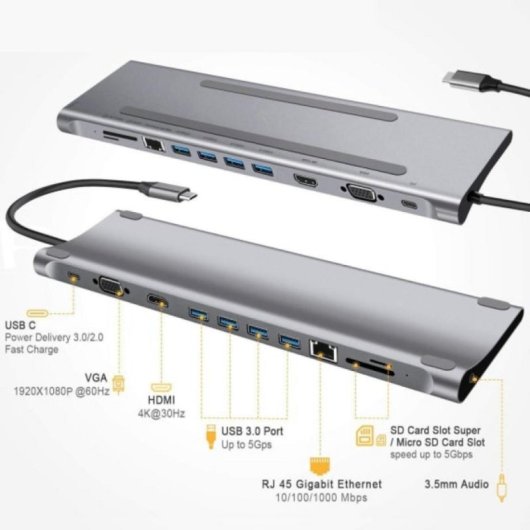 Dock Station T'nB DOCKUSBC11 USB-C 4xUSB-A HDMI VGA Ethernet Lector SD/MicroSD Plata