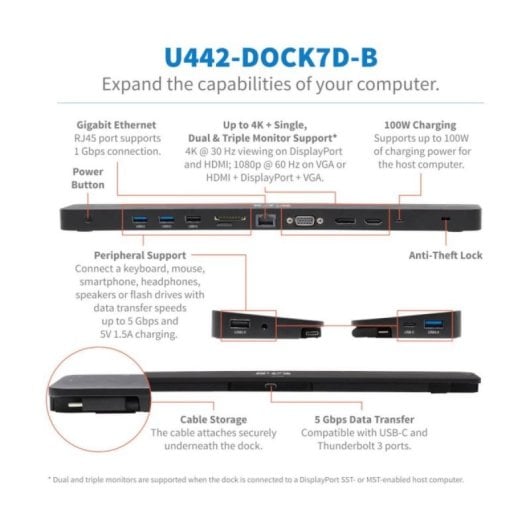 USB-C Dockingstation Tripp Lite U442-DOCK7D-B 14 Ports 4K HDMI DisplayPort VGA Gigabit Ethernet 100W PD