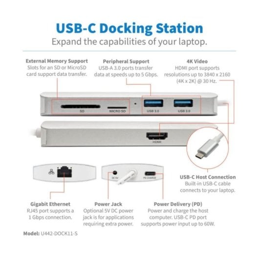 Estación de Conexión USB-C Tripp Lite U442-DOCK11-S 4K HDMI Thunderbolt 3 Hub USB-A PD GbE SD/MicroSD Plata