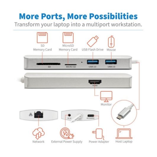 Estación de Conexión USB-C Tripp Lite U442-DOCK11-S 4K HDMI Thunderbolt 3 Hub USB-A PD GbE SD/MicroSD Plata