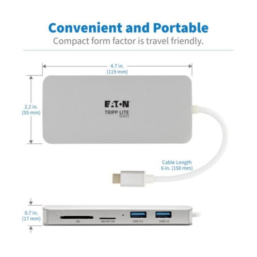Estación de Conexión USB-C Tripp Lite U442-DOCK11-S 4K HDMI Thunderbolt 3 Hub USB-A PD GbE SD/MicroSD Plata