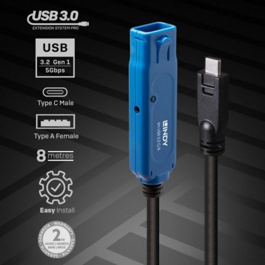 Cable USB C Lindy 43381 8m USB 3.2 Gen 1 5Gbps Macho/Hembra Níquel/Dorado Negro/Azul