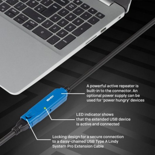 Cable USB C Lindy 43381 8m USB 3.2 Gen 1 5Gbps Macho/Hembra Níquel/Dorado Negro/Azul