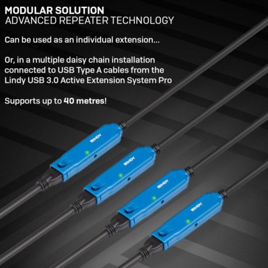Cable USB C Lindy 43381 8m USB 3.2 Gen 1 5Gbps Macho/Hembra Níquel/Dorado Negro/Azul