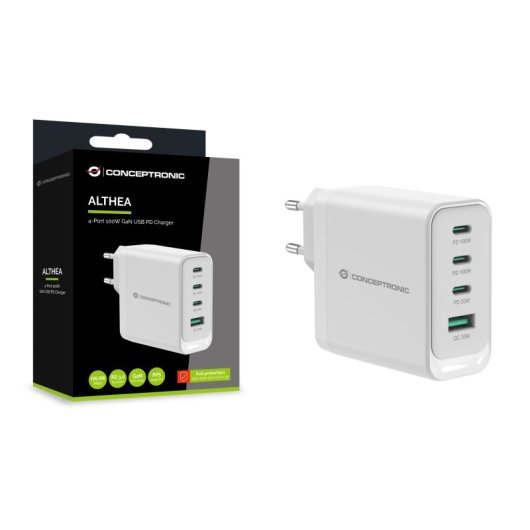 Conceptronic ALTHEA22W100 Universal-Ladegerät für Mobilgeräte, weiß, Wechselstrom, schnelles Laden, für den Innenbereich
