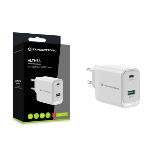 Conceptronic ALTHEA20W45 Universal-Ladegerät für Mobilgeräte, weiß, Wechselstrom, schnelles Laden, für den Innenbereich